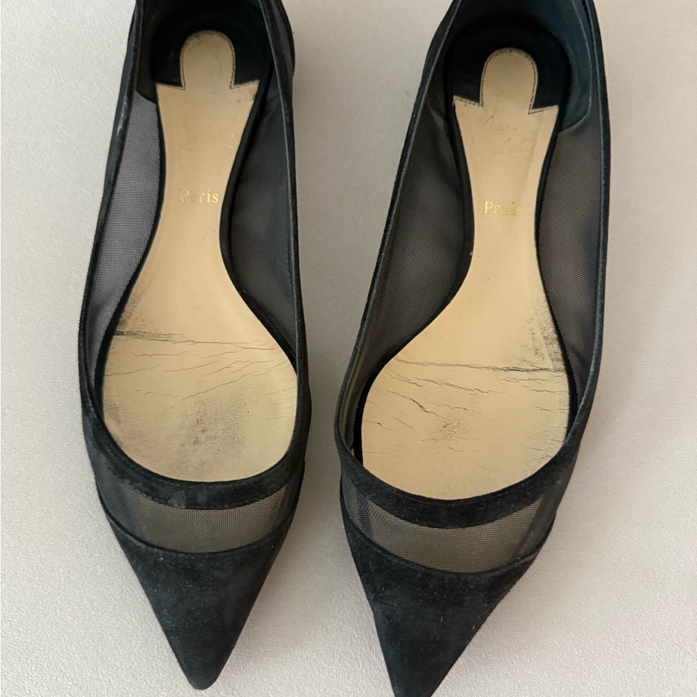 Christian Louboutin Black Mesh & Suede Pointed Toe Flats